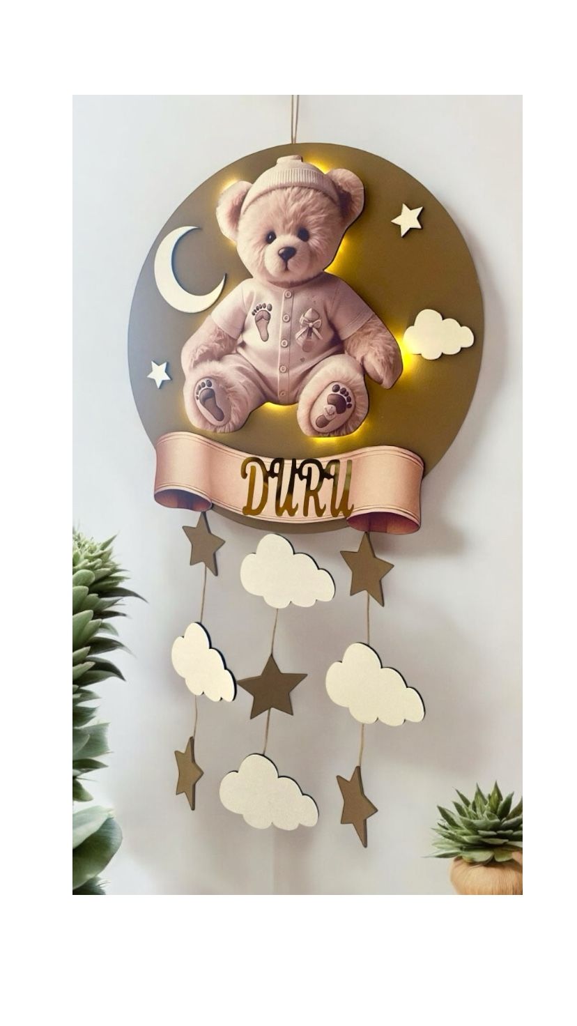 Kahve & Krem Ayıcık dekorlu ışıklı yuvarlak kapı s