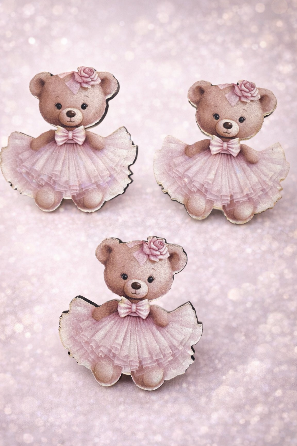 Ahşap Üzeri Uv Baskı Pembe Elbiseli Ayıcık Figür& obje