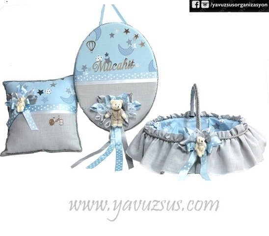 Bulut desenli Gri Süslü Bebek Süsü YASTIK MAVI