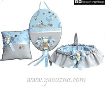 Bulut desenli Gri Süslü Bebek Süsü YASTIK MAVI