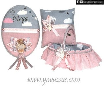 Bulut desenli Gri Süslü Bebek Süsü