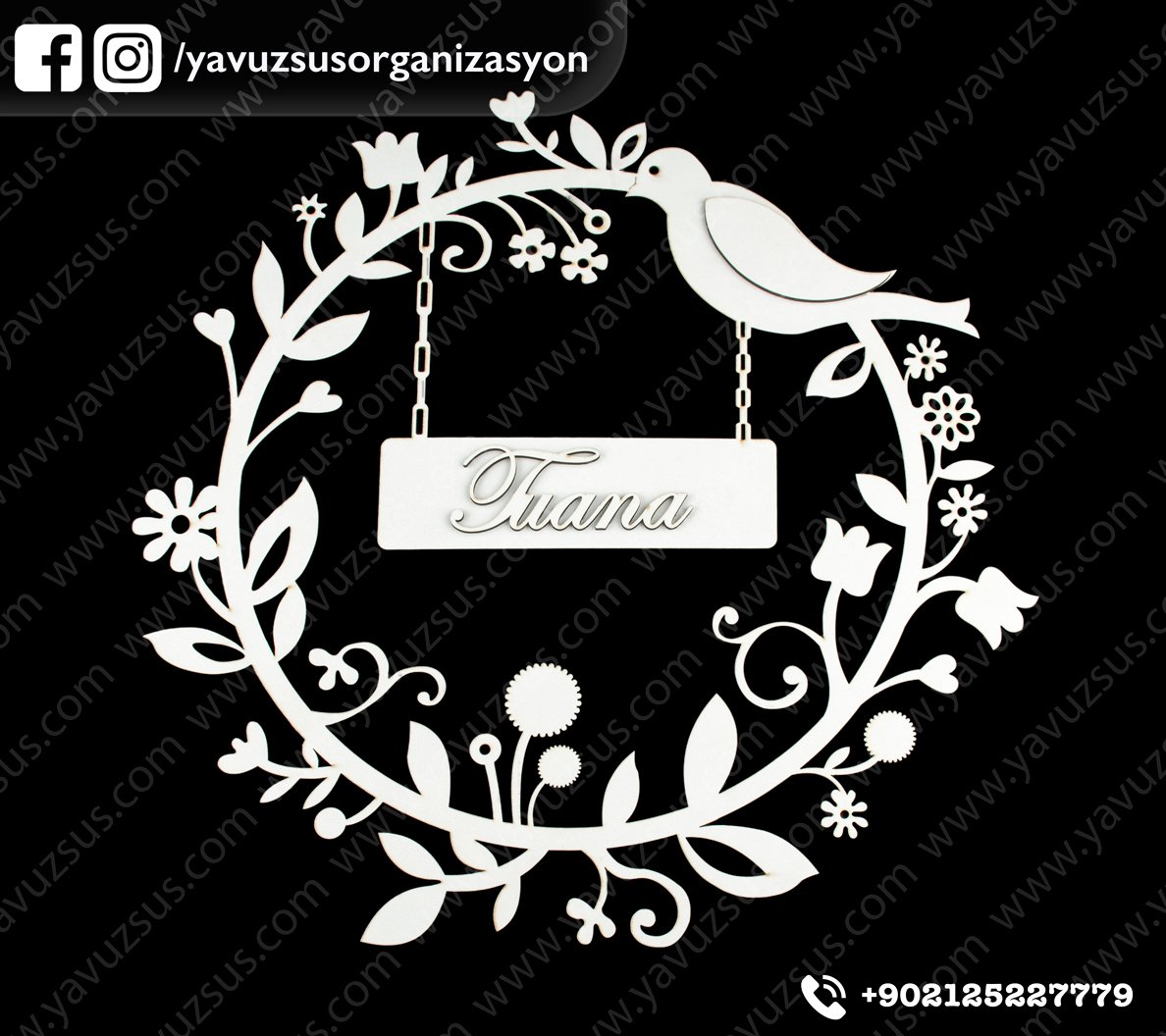 Ahşap kabartmalı isimli yuvarlak kuşlu kapı süsü