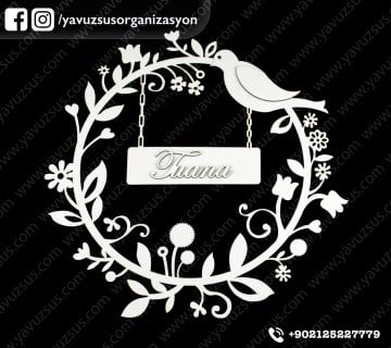 Ahşap kabartmalı isimli yuvarlak kuşlu kapı süsü