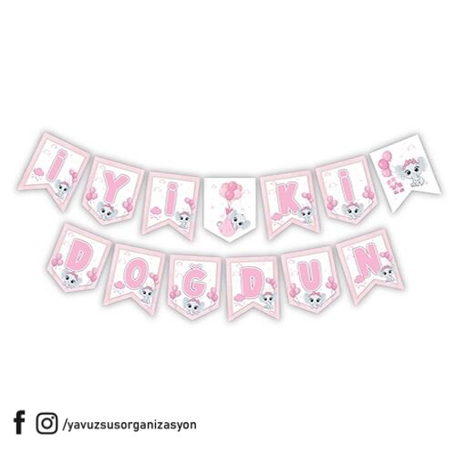 Fil Desenli İyiki Doğdun Zikzak Banner PEMBE