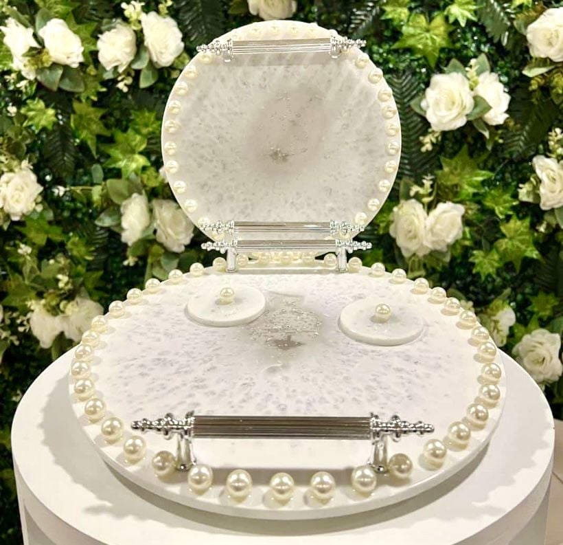 Yuvarlak İnci  dekorlu 2 li tepsi seti