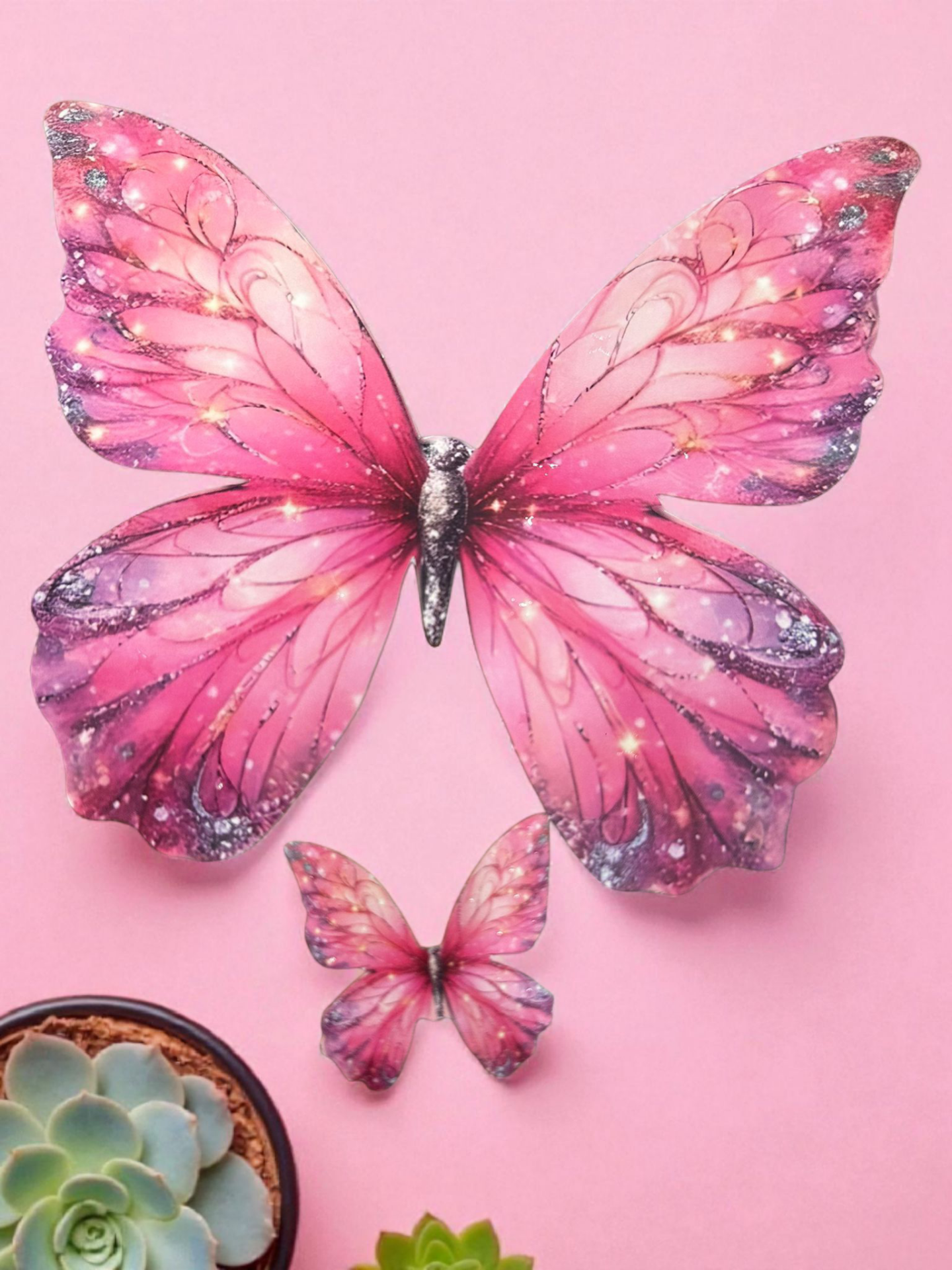 Çift taraf baskılı  Büyük & Küçük pembe kelebek seti (5 takım)