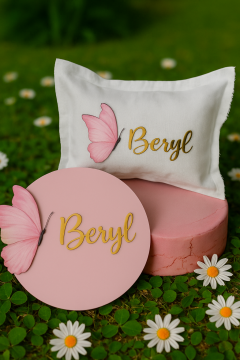 Kelebek dekorlu Ahşap Kapı süsü & Yastık takımı