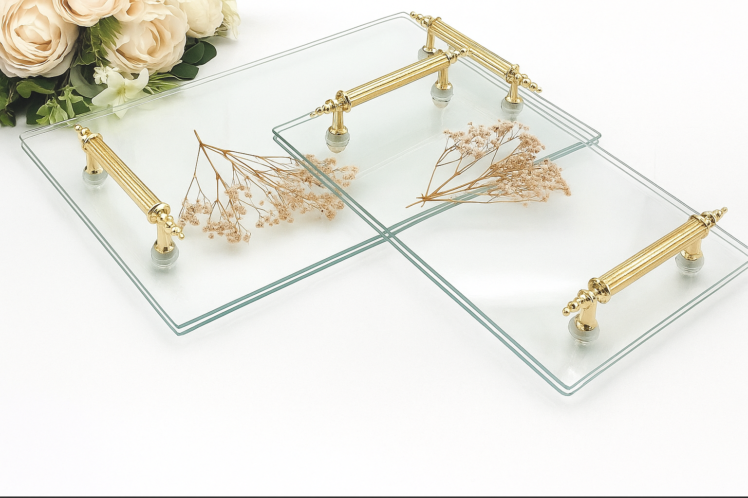 Dikdörtgen Cam Söz & Damat Tepsi Seti