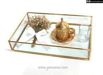 Süslü Cam Damat Kahve Tepsisi