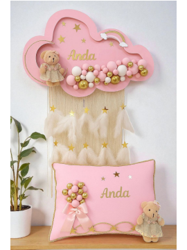 Işıklı Pembe & mavi püsküllü Bulut Kapı Süsü&Yastık Takım