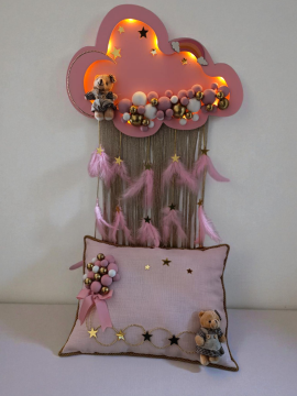 Işıklı Pembe & mavi püsküllü Bulut Kapı Süsü&Yastık Takım