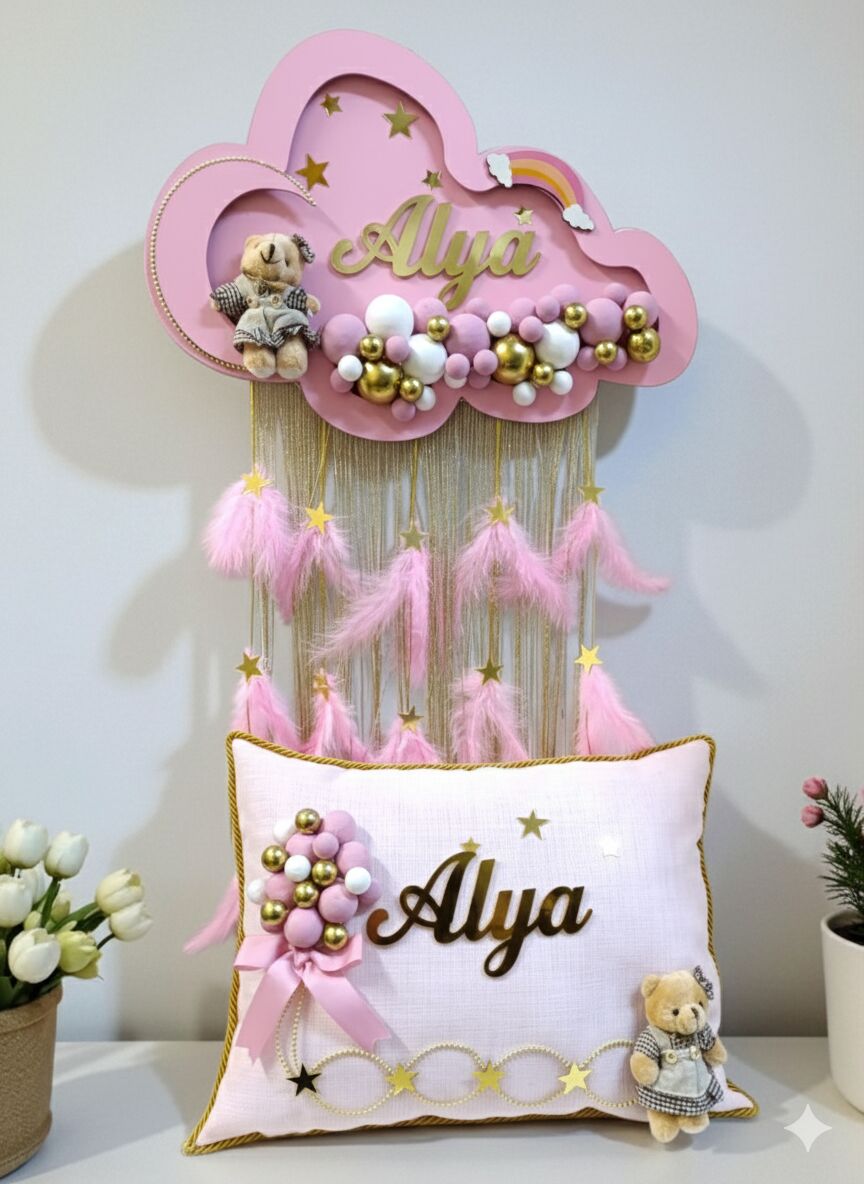 Işıklı Pembe & mavi püsküllü Bulut Kapı Süsü&Yastık Takım