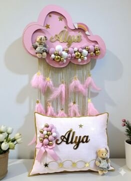 Işıklı Pembe & mavi püsküllü Bulut Kapı Süsü&Yastık Takım