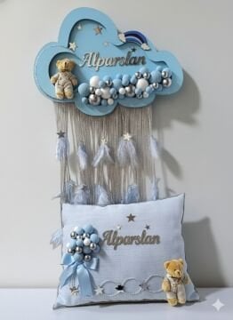 Işıklı Pembe & mavi püsküllü Bulut Kapı Süsü&Yastık Takım