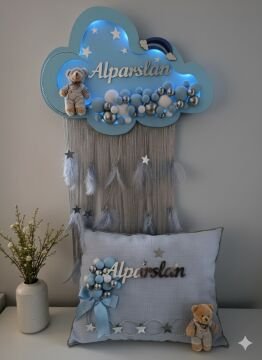 Işıklı Pembe & mavi püsküllü Bulut Kapı Süsü&Yastık Takım