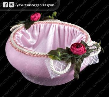 Kadife kumaş çift çiçekli kulpsuz sepet PEMBE UZERI SUSLU