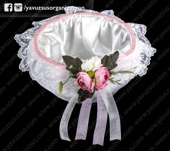 kadife kumaş kulpsuz sepet PEMBE UZERI SUSLU