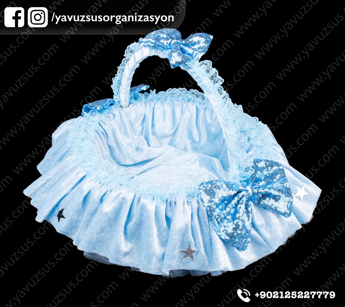 Kadife kabarık  payet fiyonku sepet MAVI