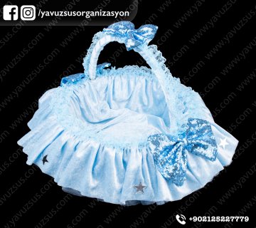 Kadife kabarık  payet fiyonku sepet MAVI