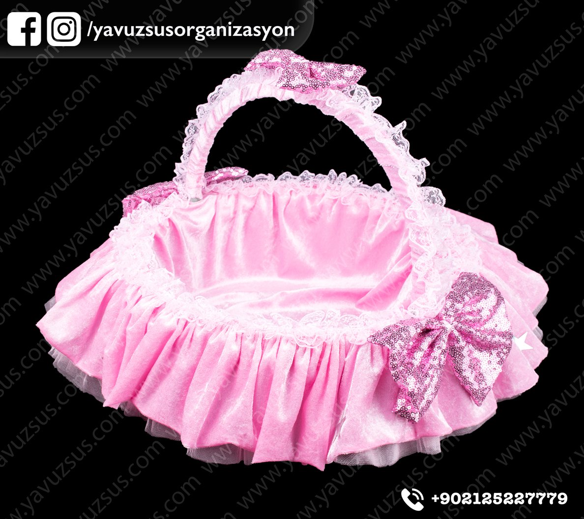 Kadife kabarık  payet fiyonlu sepet PEMBE