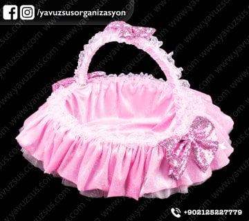 Kadife kabarık  payet fiyonlu sepet PEMBE