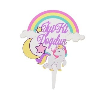 (14 cm) Unicorn Konseptli Ahşap Pasta Üzeri Çubuk