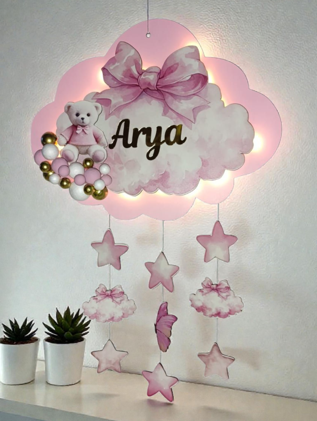 Toplu Işıklı fiyonk dekorlu bulut kapı süsü