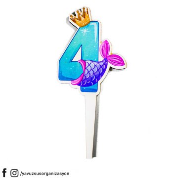 Deniz Kızı Rakamlar Ahşap Pasta Üzeri Çubuk 14 cm DORT