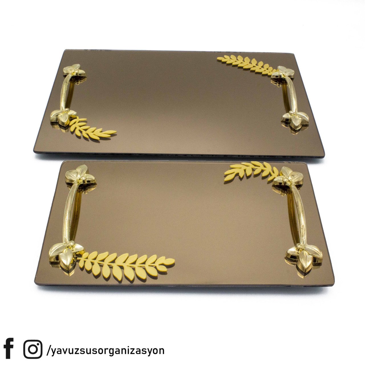 Yaprak Desenli Siyah Aynalı Damat & Söz Tepsi Seti TAKIMALTIN