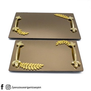 Yaprak Desenli Siyah Aynalı Damat & Söz Tepsi Seti TAKIMALTIN