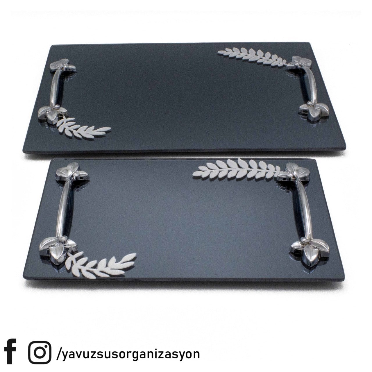 Yaprak Desenli Siyah Aynalı Damat & Söz Tepsi Seti TAKIMGUMUS