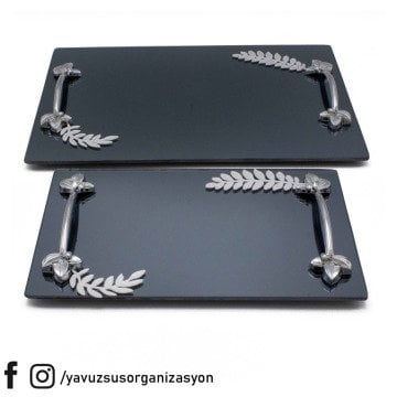 Yaprak Desenli Siyah Aynalı Damat & Söz Tepsi Seti TAKIMGUMUS