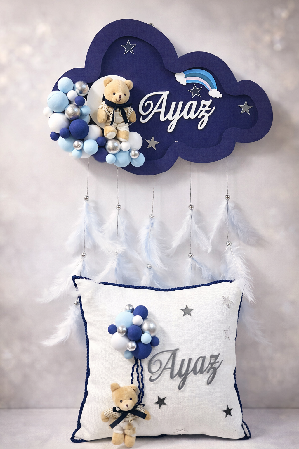 Işıklı Lacivert Bulut Toplu Kapı Süsü & Yastık