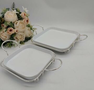 Seramik 2 li Kulplu Tepsi Seti