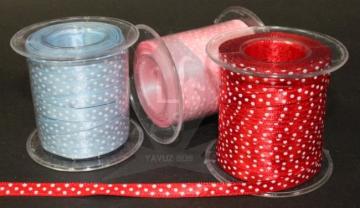puantiyeli 6mm saten kurdele (35m) BEYAZA MAVI