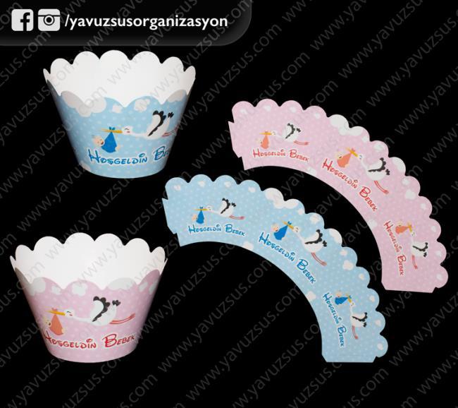 leylekli hoşgeldin bebek cup cake süsü(12 ad) PEMBE