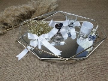 Minik  çiçek süslü prizma model nişan süsü GUMUS DAMT KAHV