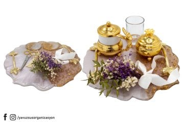 Süslü Yuvarlak Tırtıklı Kesim Epoksi Tepsi Seti