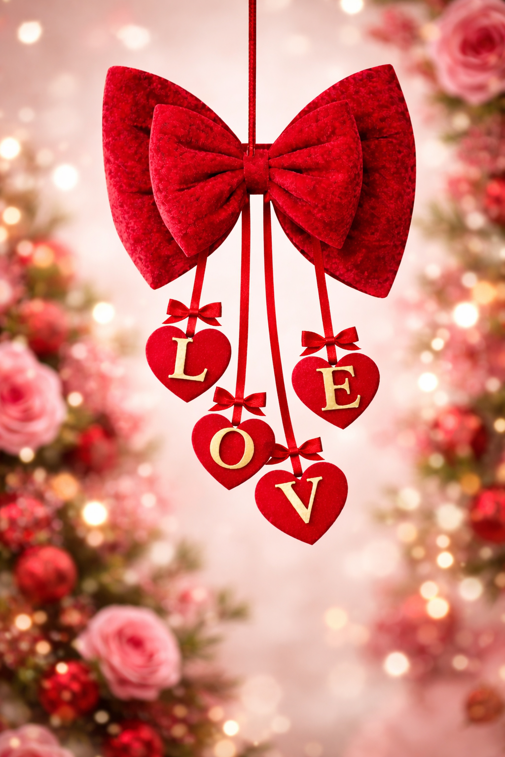 Kalp motifli kadife LOVE sevgililer günü dekorasyon fiyonku
