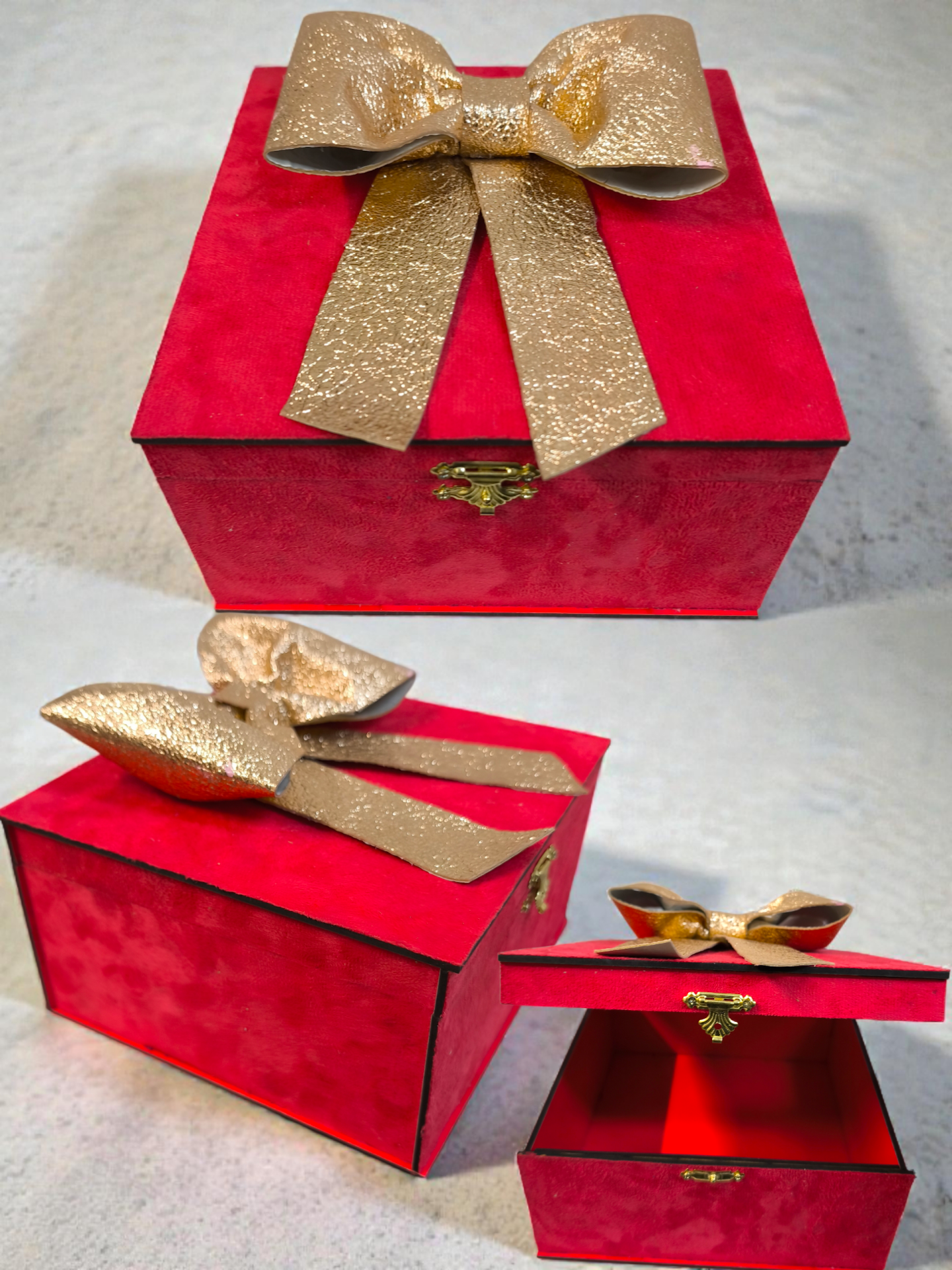 3 boy süet ahşap fiyonklu hediye kutusu seti