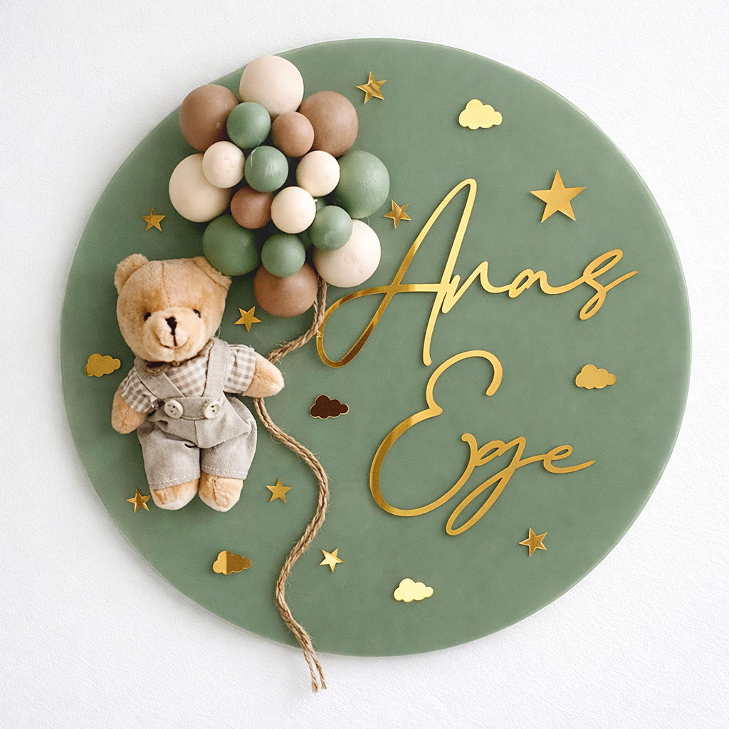 Ahşap balonlu ayıcıklı isme özel kapı süsü