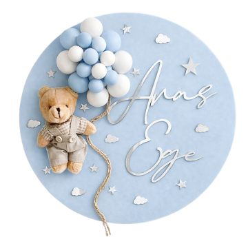 Ahşap balonlu ayıcıklı isme özel kapı süsü