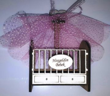 Ahşap Cibinlikli lavantalı bebek karyolası 7x4x9 PEMBE