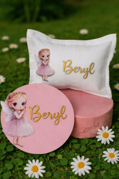 Çiçek taçlı peri kızı dekorlu Ahşap Kapı süsü & Yastık tak.