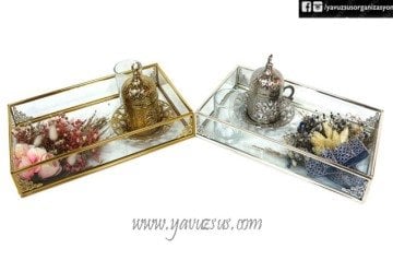 Çiçekli Kenarı Metal Damat Tepsi Seti