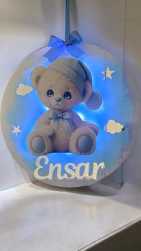 İsme Özel Mavi Ayıcık Dekorlu Işıklı Pleksi K.süsü