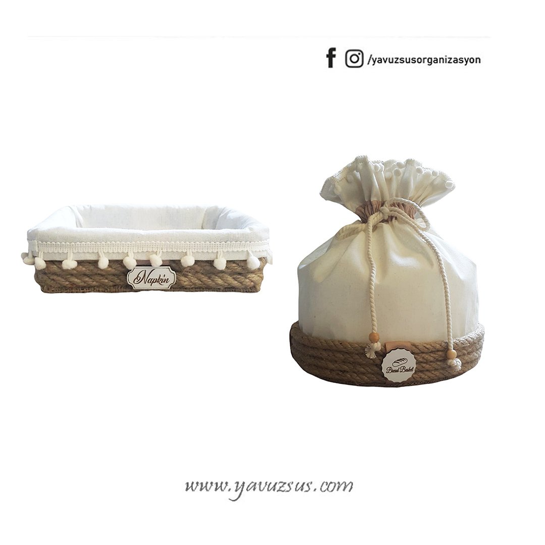 Ponponlu Kraft Rengi Peçetelik & Ekmeklik Takım