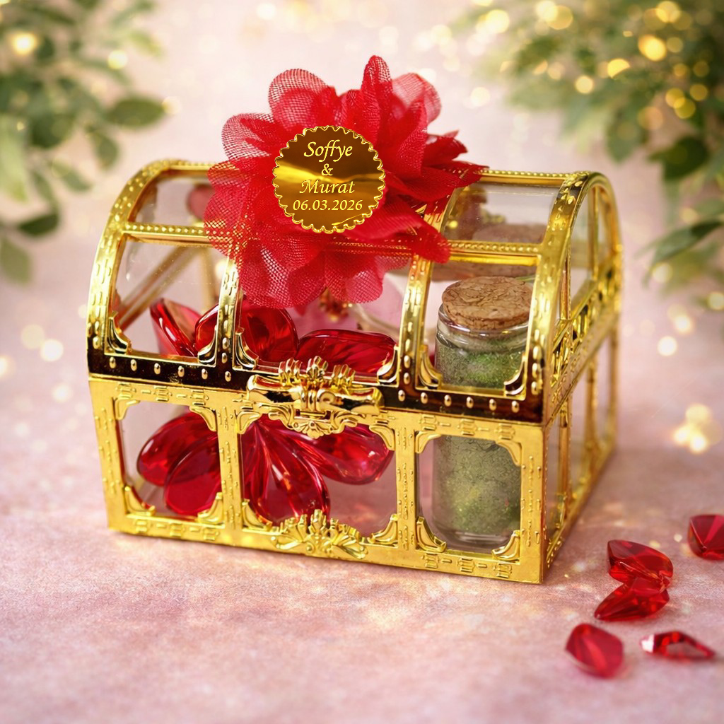 İsme özel sandık içinde şişe kına & lotus toka hediyelik(20 adet)