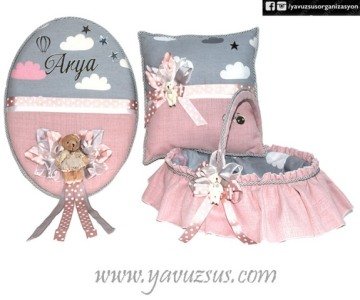 Bulut desenli Gri Süslü Bebek Süsü 3 LU SET PEMBE