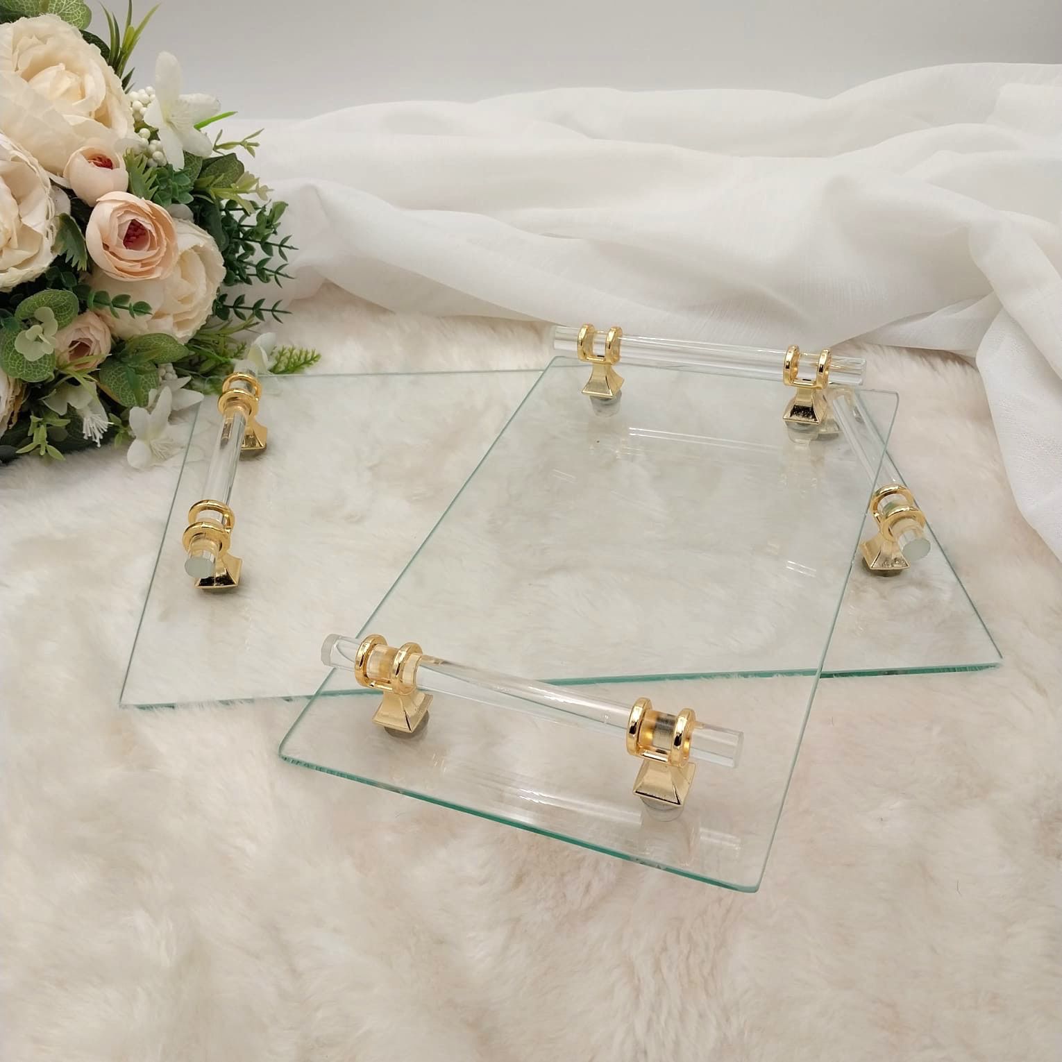 Dikdörtgen  Cam Söz & Damat Tepsi Seti